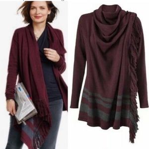 Cabi Burgundy with Grey Accent  Fringe Wrap Cardigan/Sweater   Size Medium
